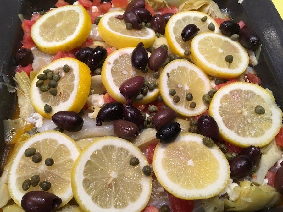Mediterranean Baked Fish with Artichokes and Olives